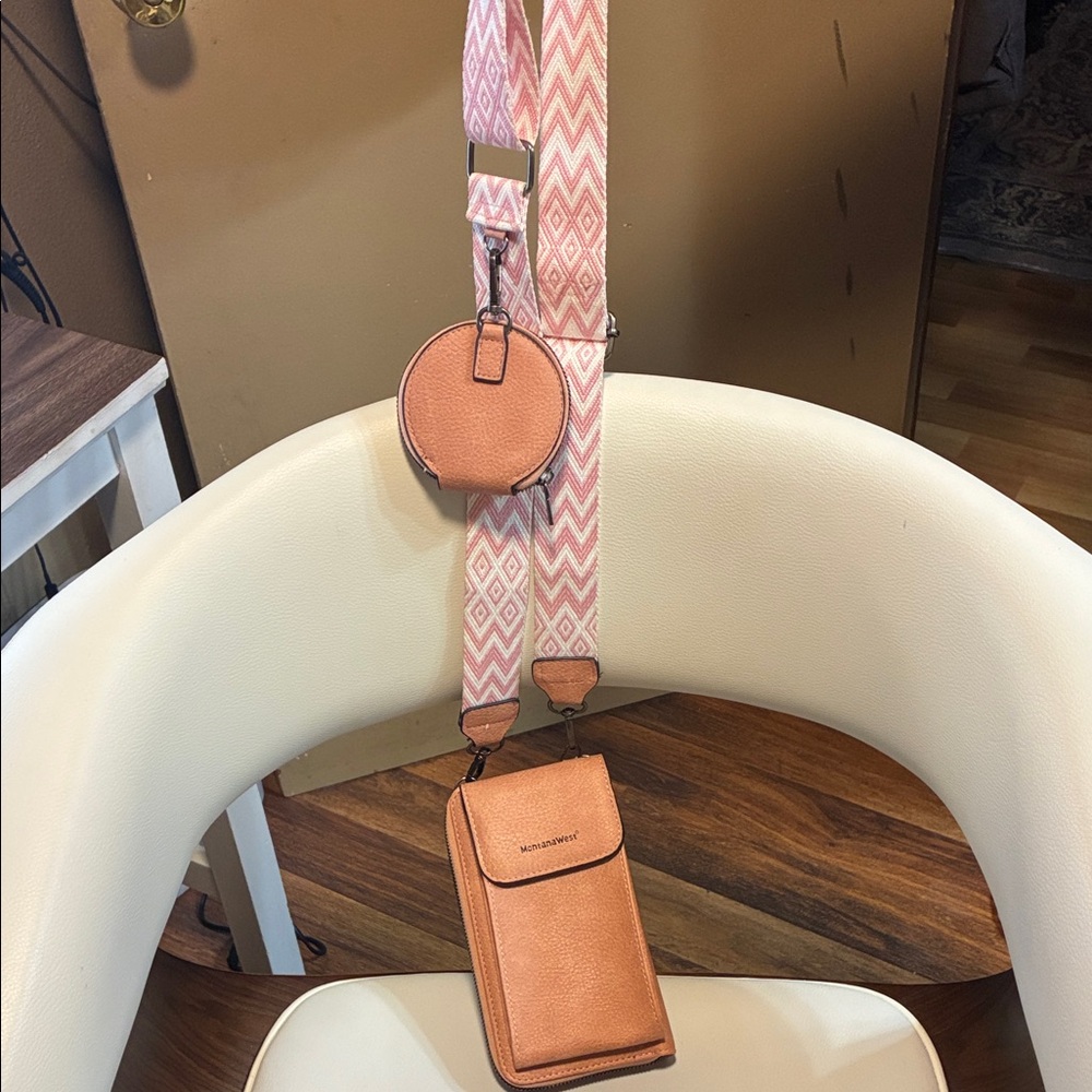 Montana West Pink and Tan Crossbody Set with Patterned Strap - Picture 5 of 5